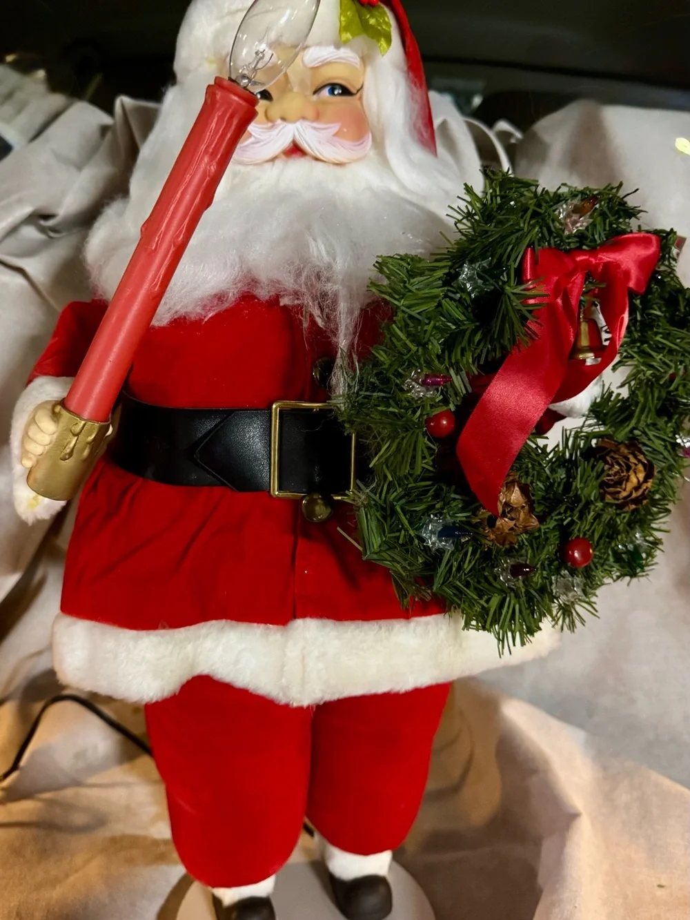 Santa Figure with Festive Green Wreath - Red Holiday Decor